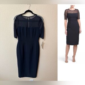 NWT MAGGY LONDON Blue Illusion Midi Dress With Pearl Details Sz 6 Bodycon